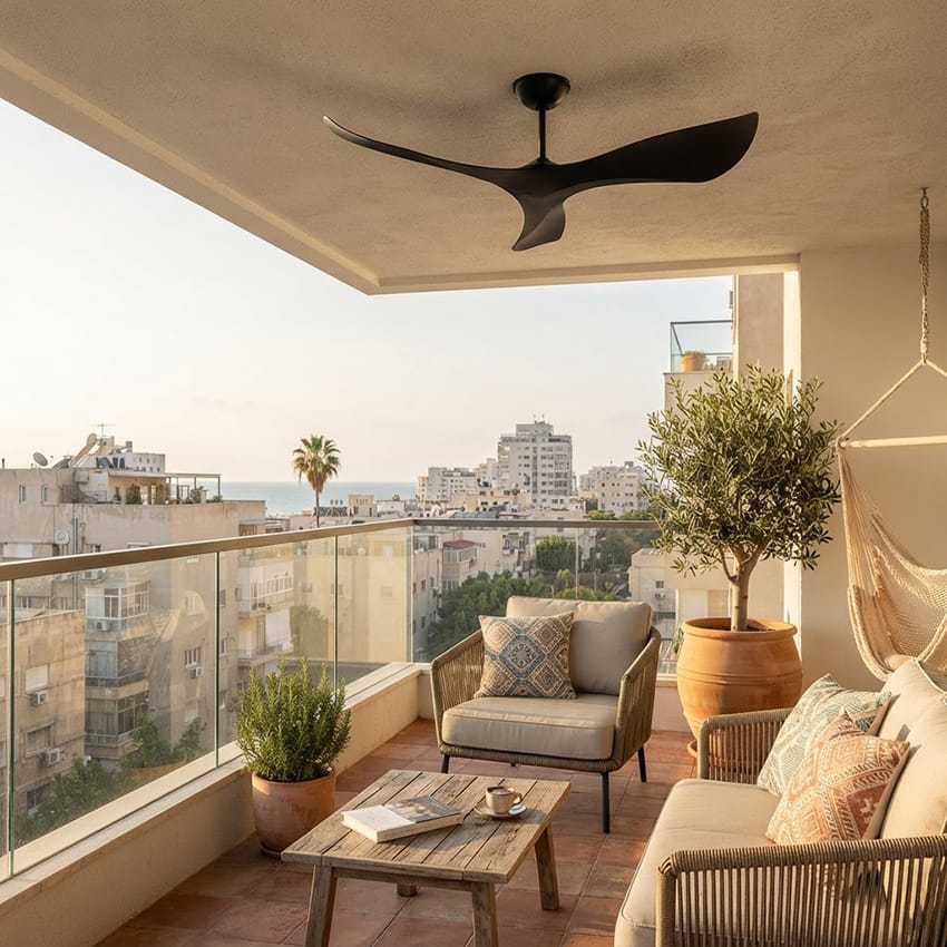 מאוורר תקרה SPAZIO שחור לפרגולה כולל WIFI מאוורר תקרה SPAZIO שחור לפרגולה כולל WIFI